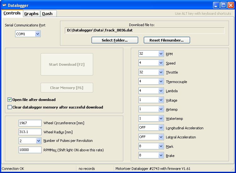 Computer software showing the settings for a motorcycle datalogger