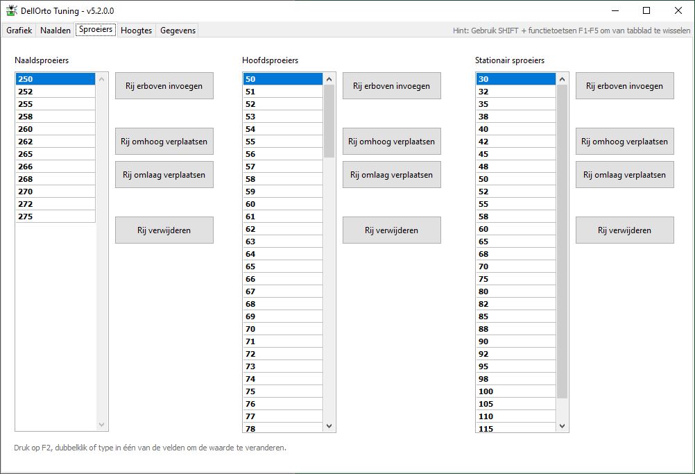 software application for tuning DellOrto carburetors showing a selection of atomizers or jets