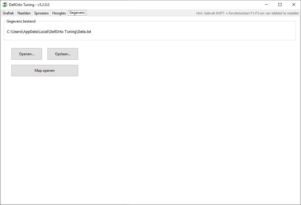 software application for tuning DellOrto carburetors showing the dataset file location