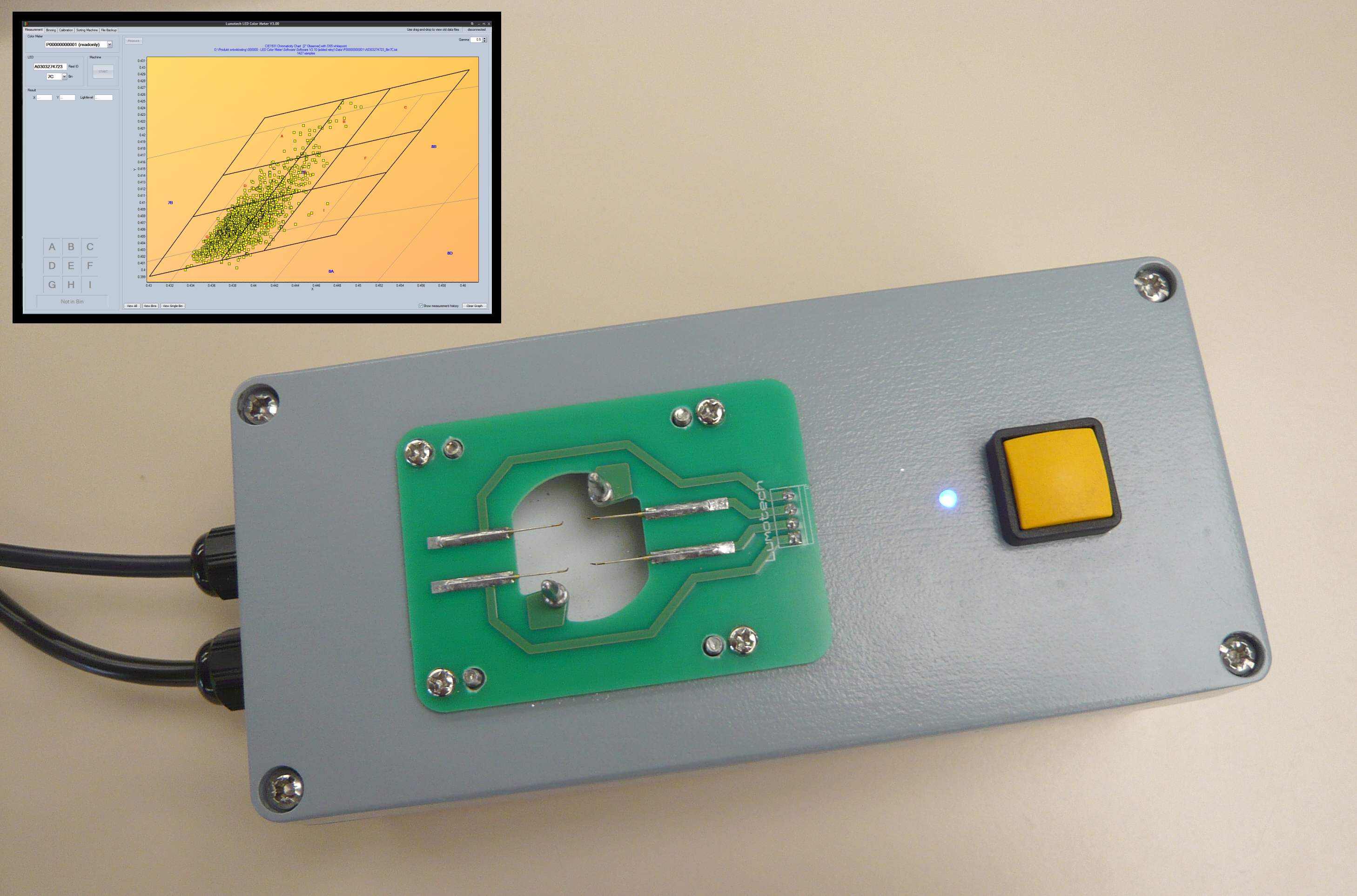 LED color meter with screenshot of measurement results