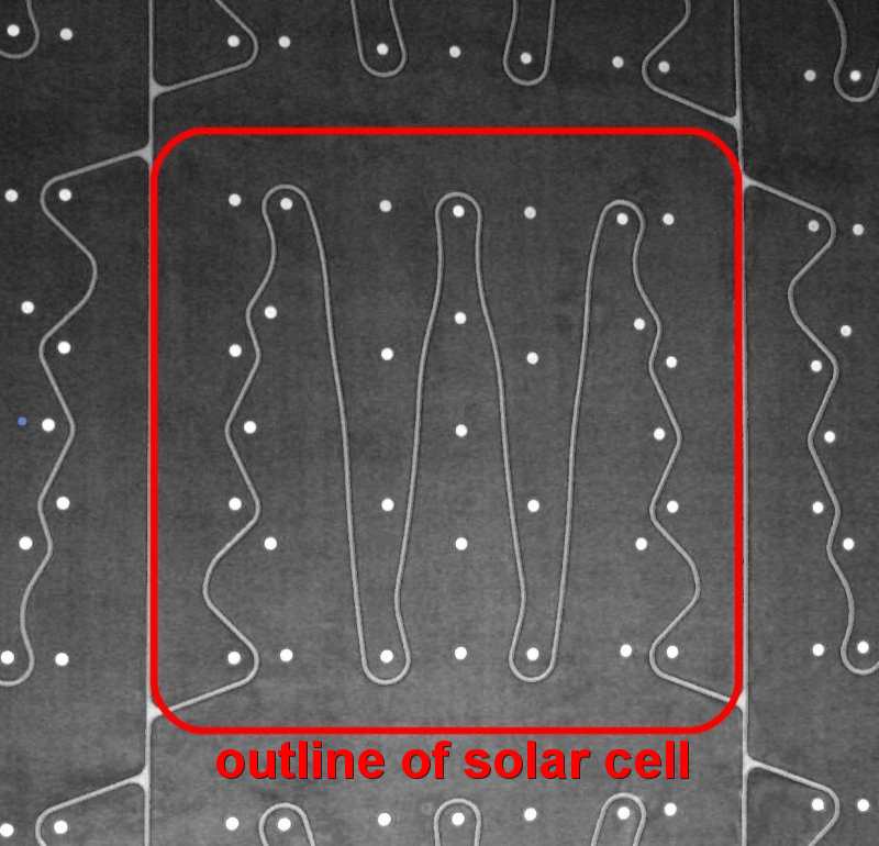 Outline of the position of a solar cell onto an MWT solar panel backsheet