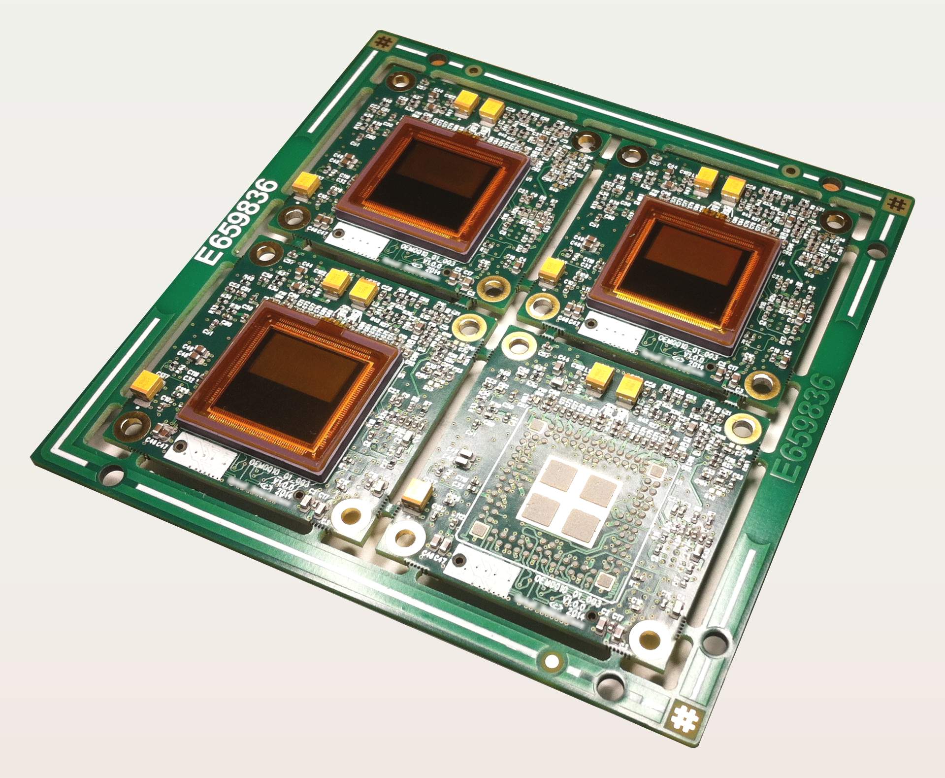 Panel of four image sensor PCBs during part assembly