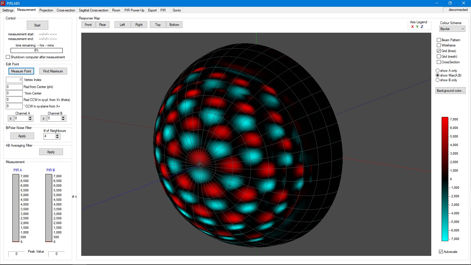 PC-software showing a 3D hemisphere plot of the spatial sensitivity distribution of a passive infrared motion detector