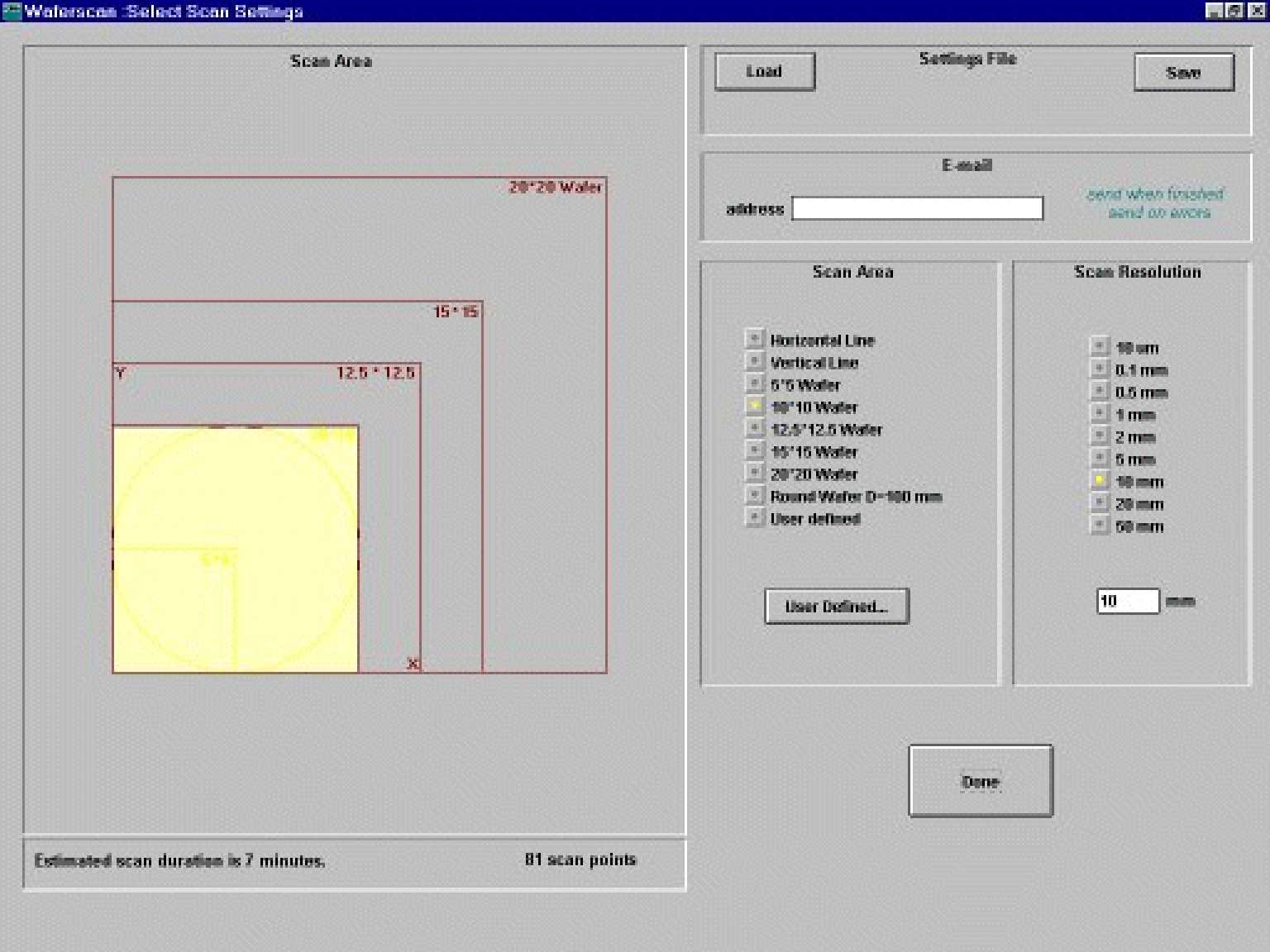 Software settings for the scan area of the surface resistance scanner