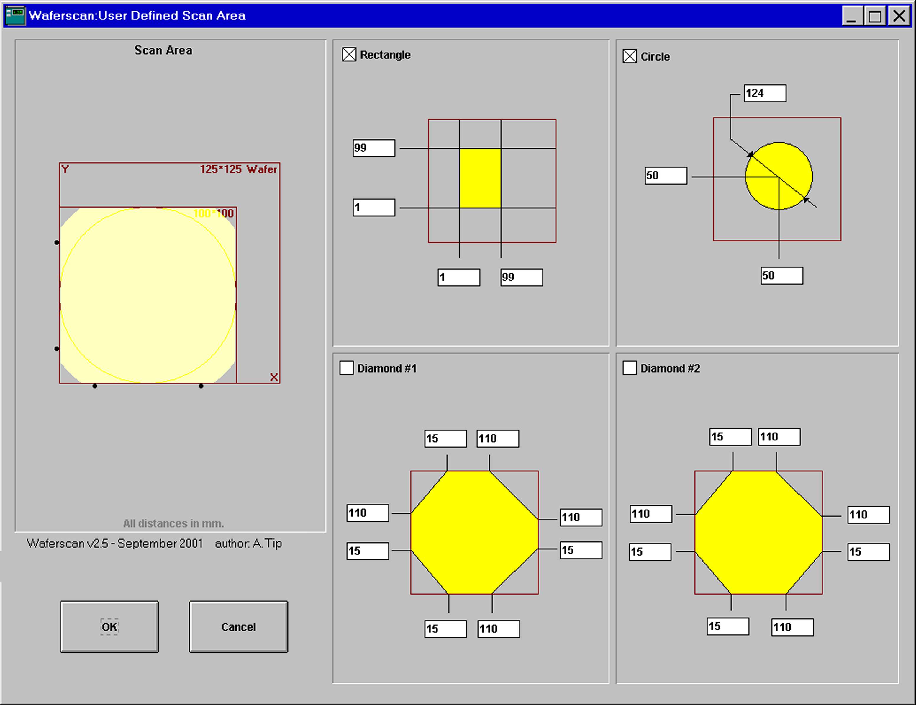 Software settings for the scan area of the surface resistance scanner