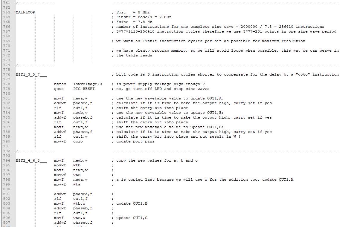 Snippet from embedded software for creating a three-phase sine wave based on a Microchip PIC10F222