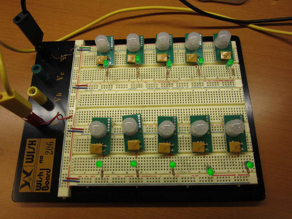 Series of small passive infrared motion detectors being tested