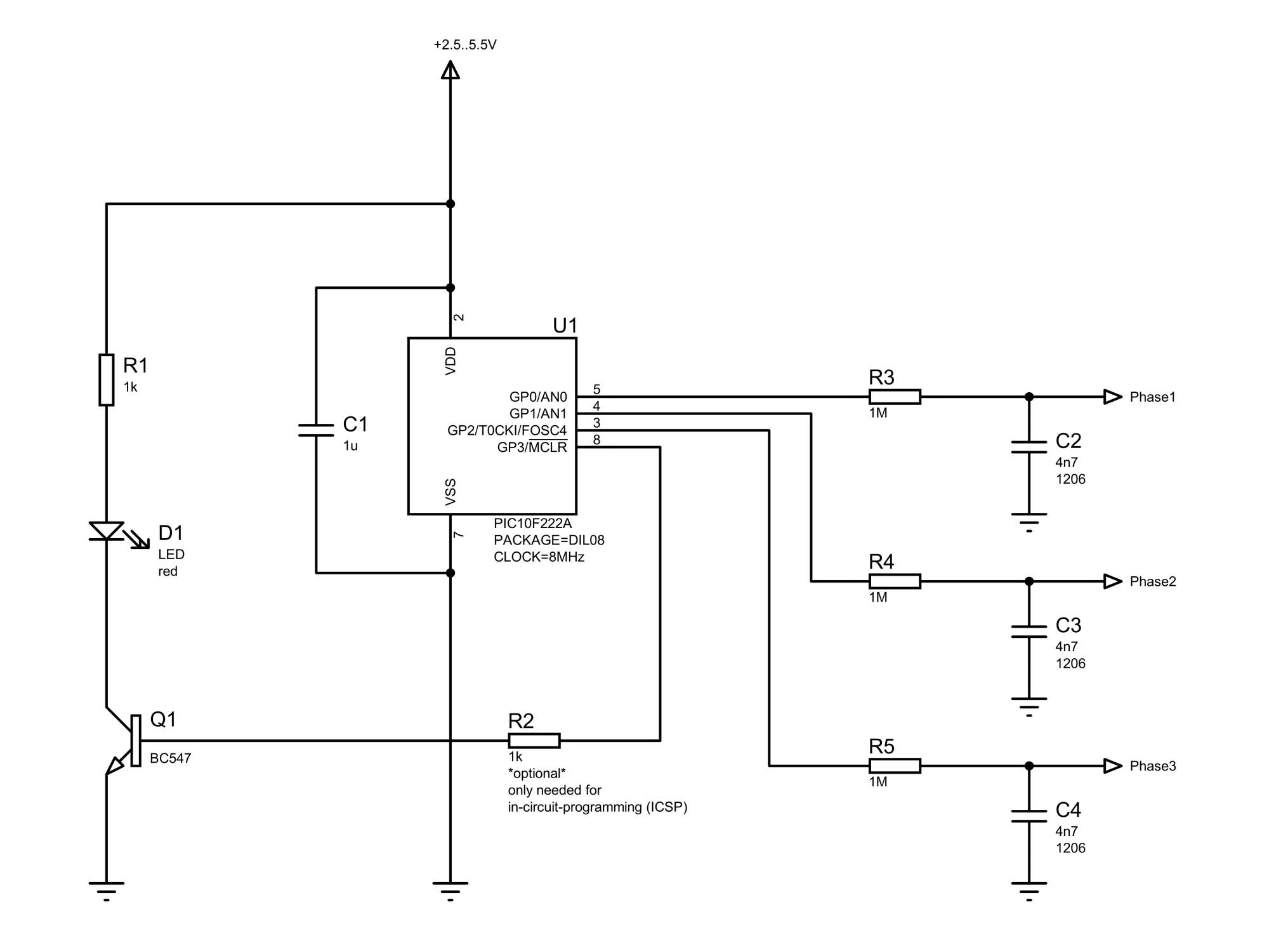 Electronic circuit of a low-frequency three-phase sine wave generator based on a Microchip PIC10F222